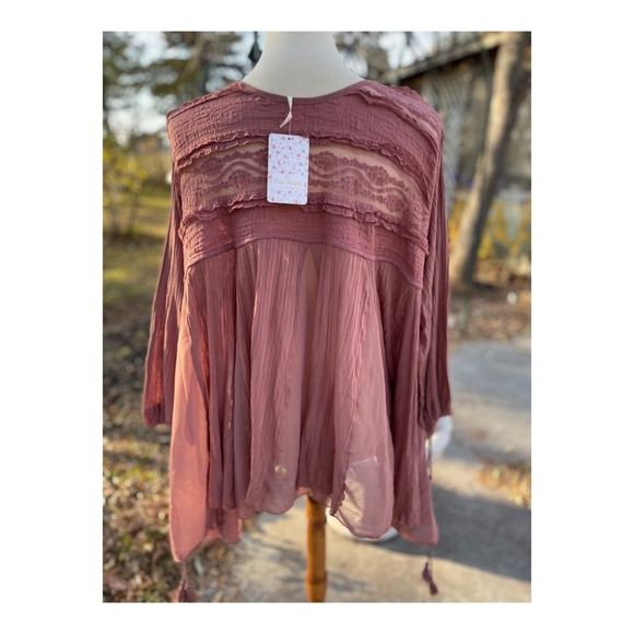 Free People Jojo Mixed Media Long Sleeve Lace Trim Top Size S NWT Dusty Rose - Picture 7 of 9